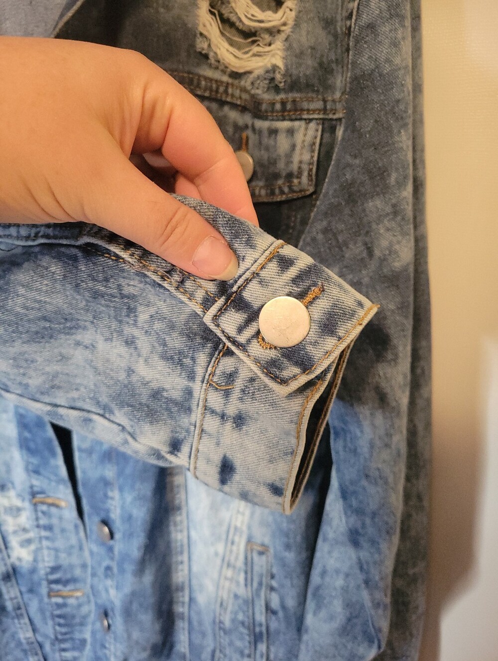 Revamped Light Blue Acid Wash Distressed Long Jean Jacket - Picture 5 of 7